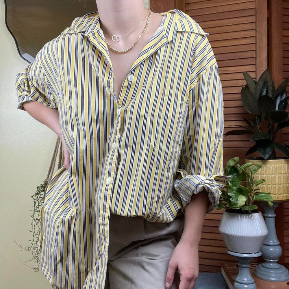 Vertical Striped Yellow And Blue button down